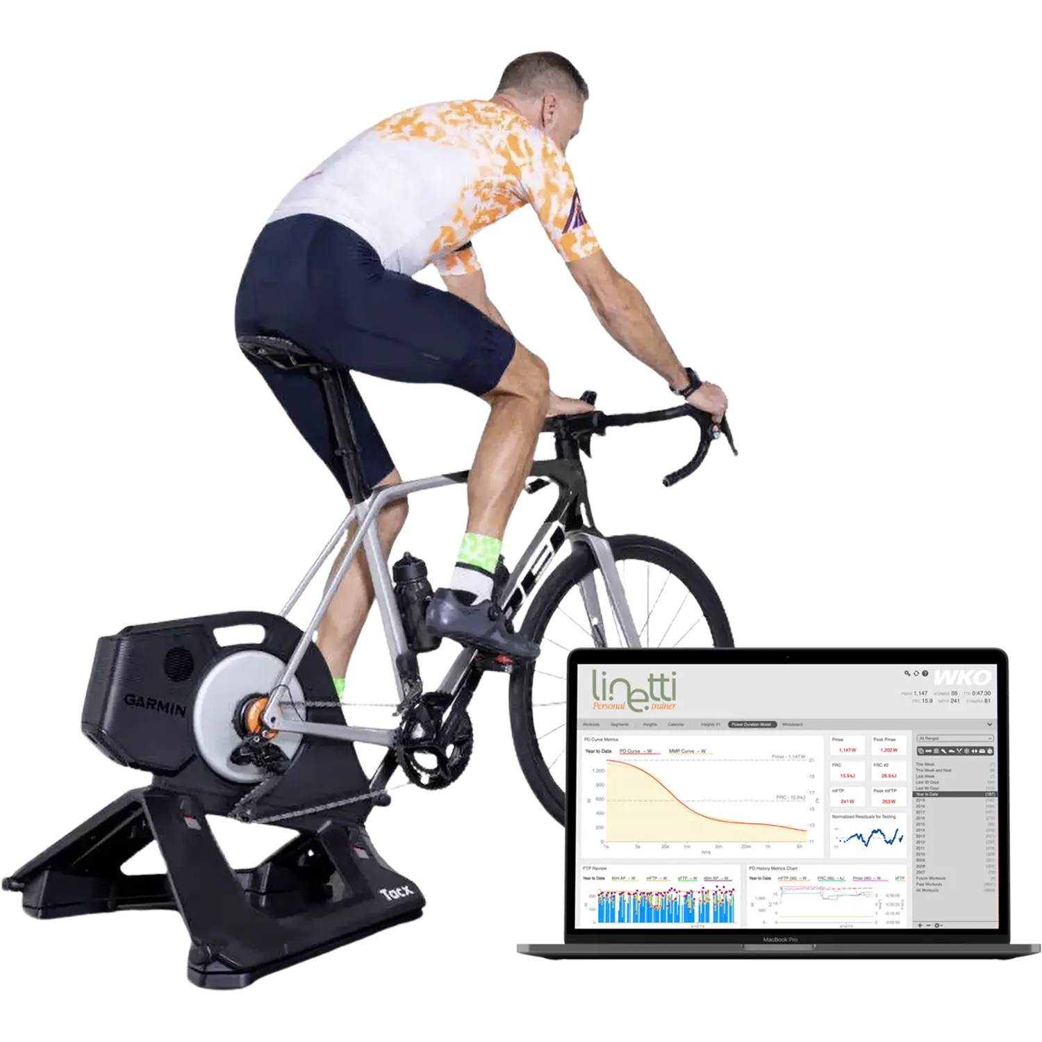 Ciclista su bici da corsa collegata a un rullo Tacx Garmin, affiancato da un laptop che mostra la piattaforma di analisi della performance "Linetti Personal Trainer" con grafici di potenza e dati di allenamento.