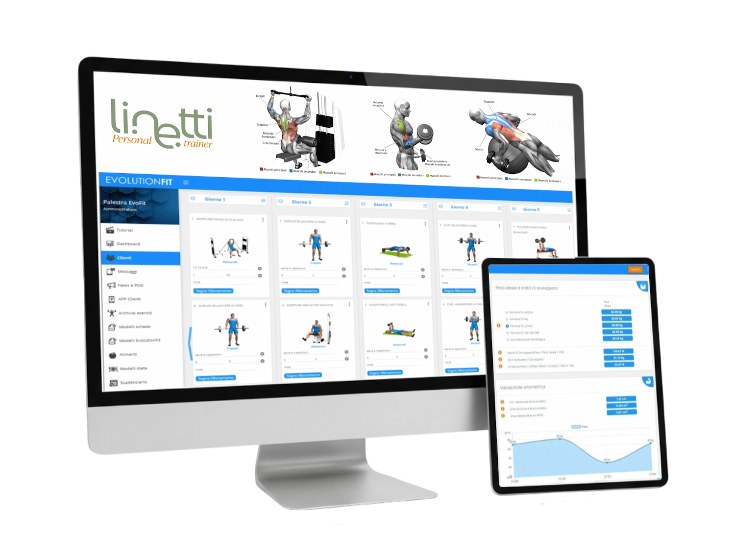 Monitor di un computer e tablet che mostrano la schermata del software di monitoraggio allenamento "Evolution Fit".